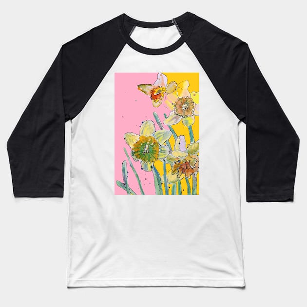 Abstract Yellow Daffodil Watercolor Pattern on Pink Baseball T-Shirt by SarahRajkotwala